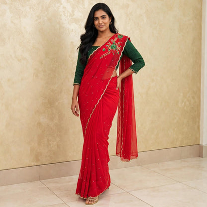 Manually stitched sequins floral saree and blouse set.