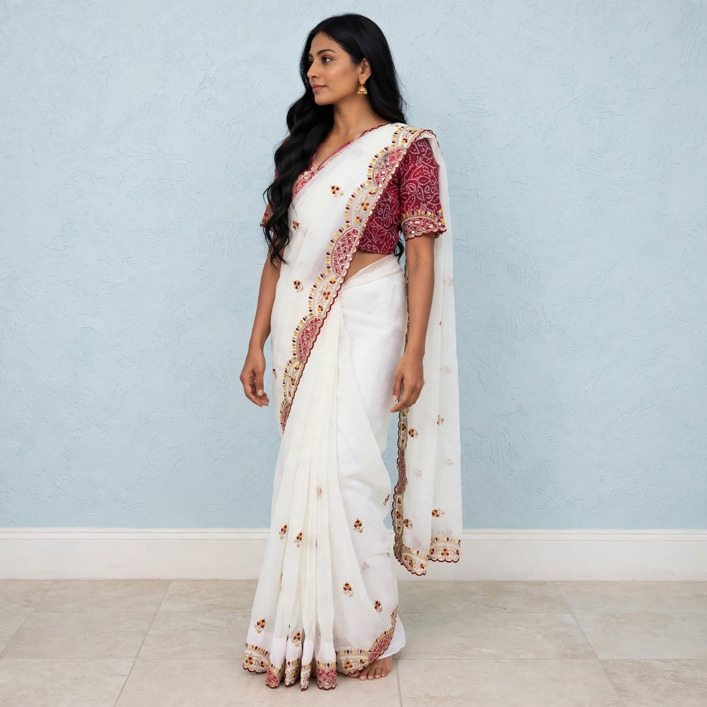 Sequins patchwork saree and Bandhani print blouse Set