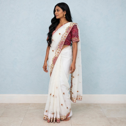 Sequins patchwork saree and Bandhani print blouse Set