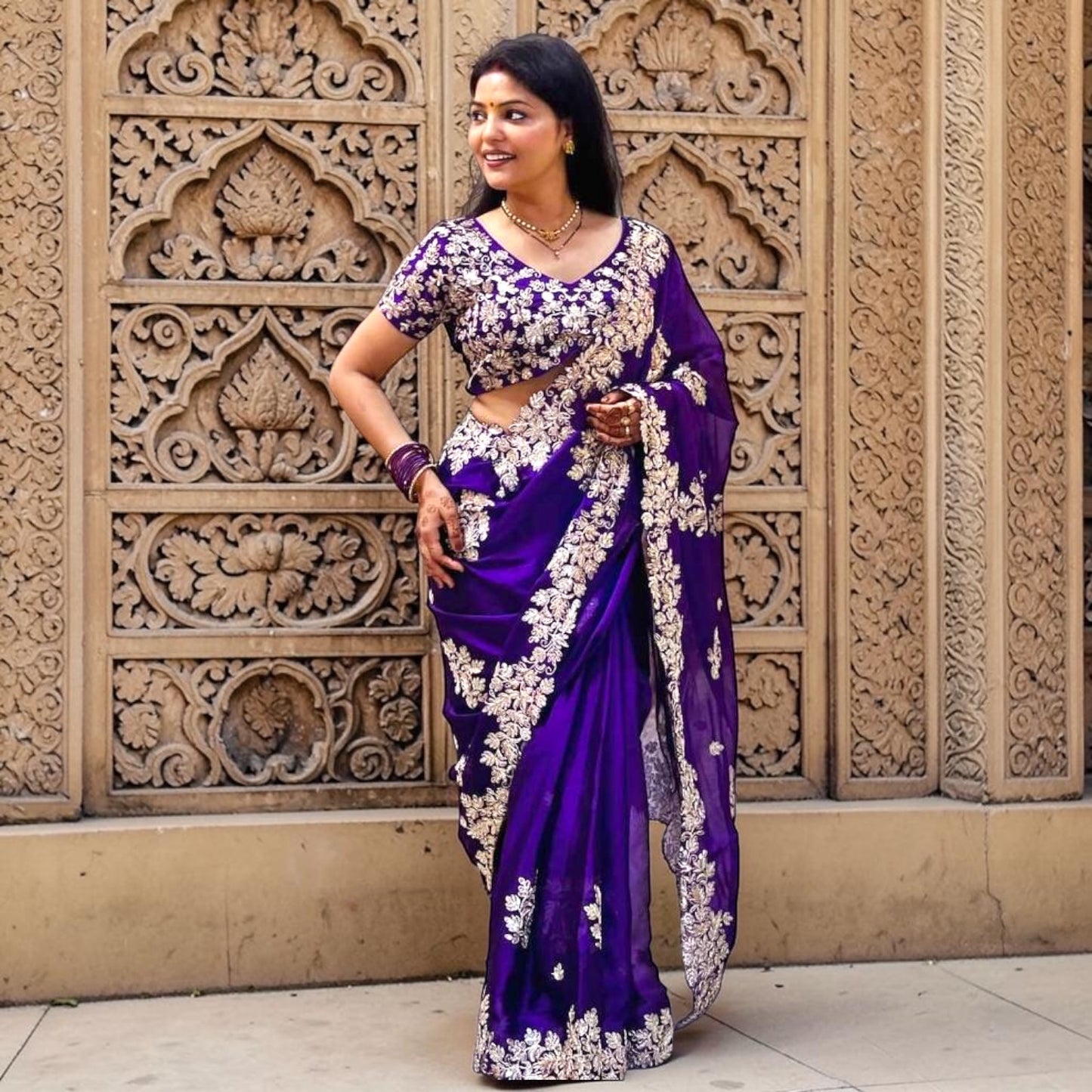 Silver embroidery and sequin work saree set