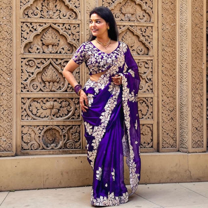 Silver embroidery and sequin work saree set