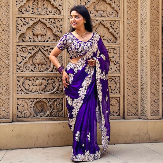 Silver embroidery and sequin work saree set