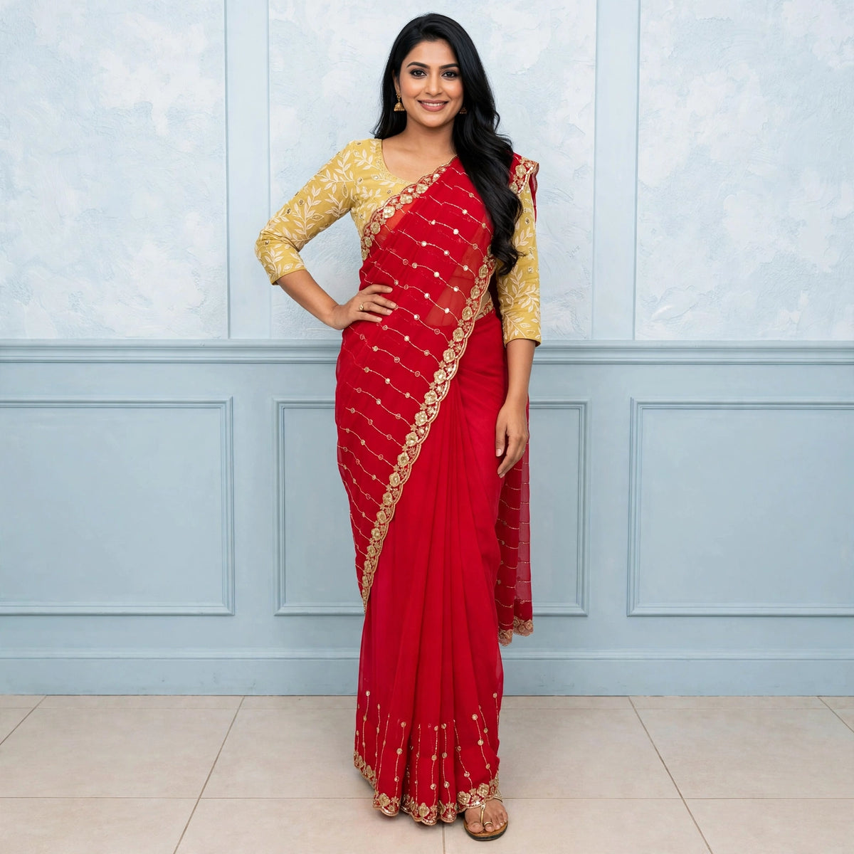 Embroidered and seed beaded saree only