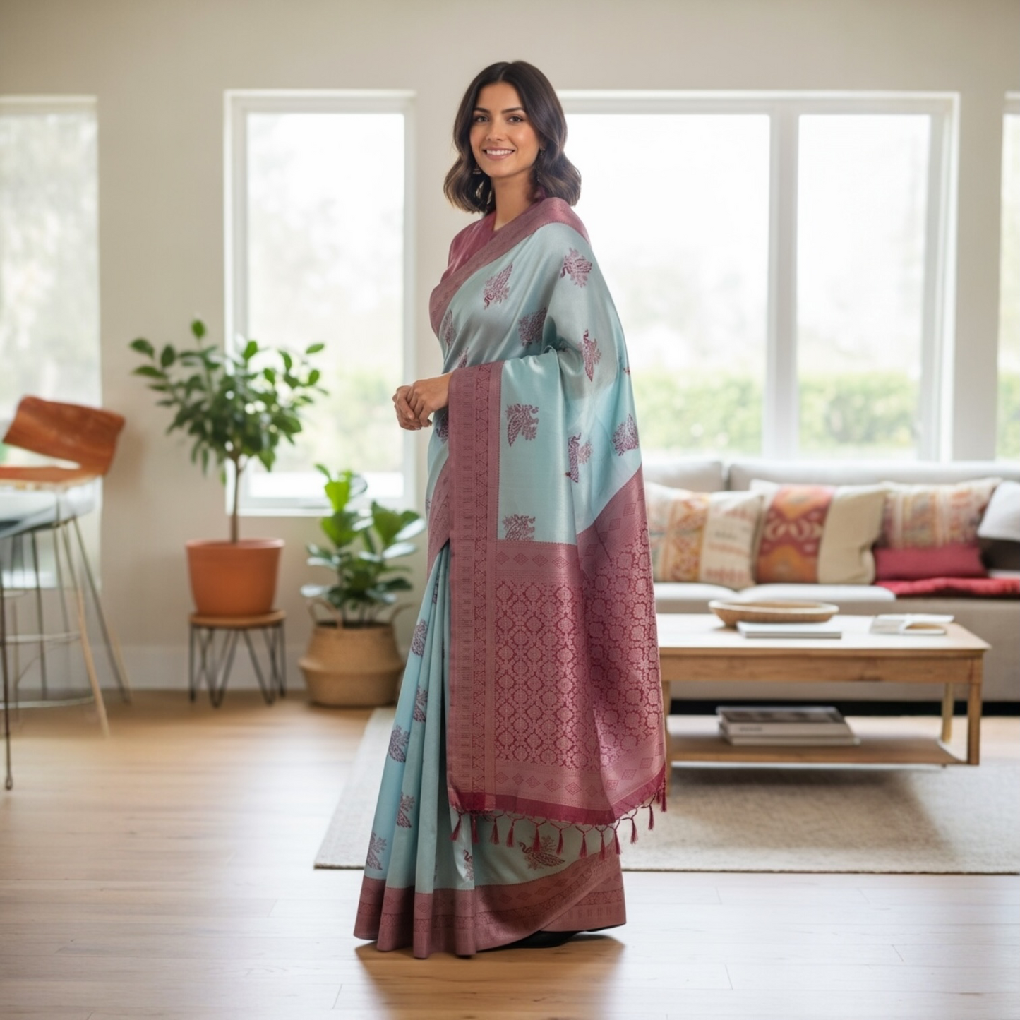 Mayur print semi ikkat saree