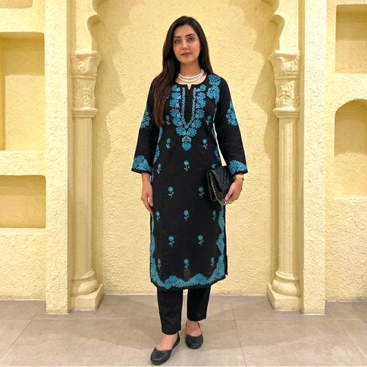 Teal Fusion Chikankari casual kurta set