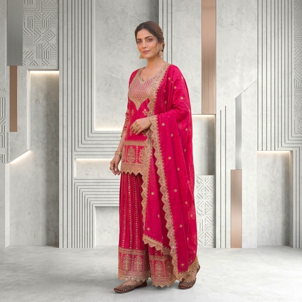 Heavy embroidered short top sharara suit set