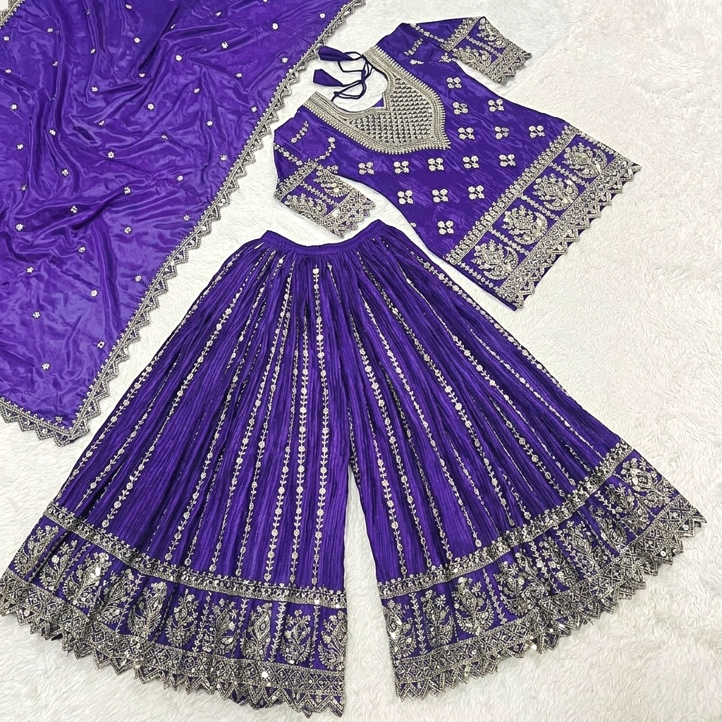 Heavy embroidered short top sharara suit set