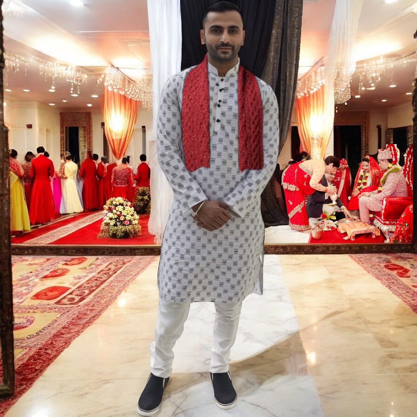 Men’s chikankari kurta set. No scarf included.