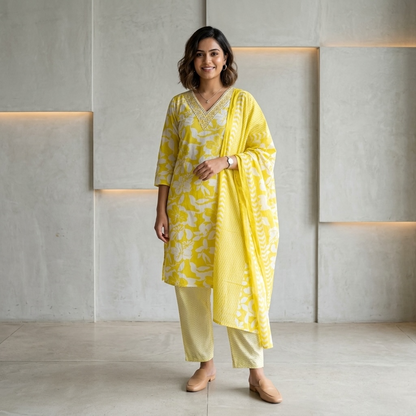 Straight-cut with a V-neck design kurta set