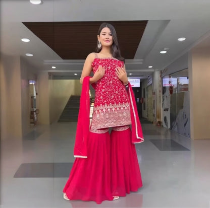 Sequin embroidery sleeveless sharara suit