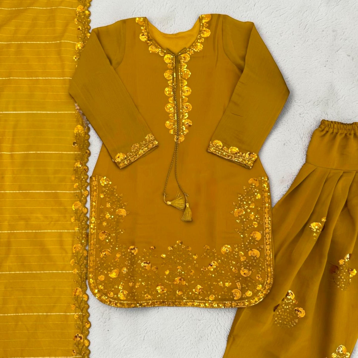 Embroidered Suit Set with Farshi Plazo & Jacquard Dupatta