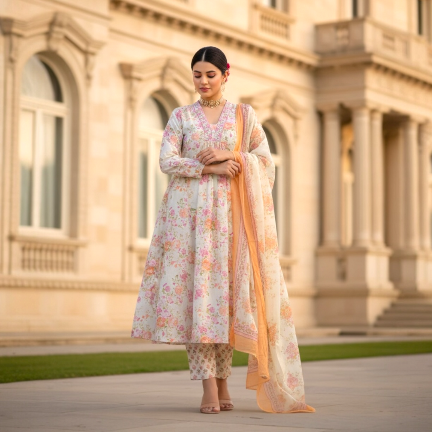 Floral print anarkali suit set