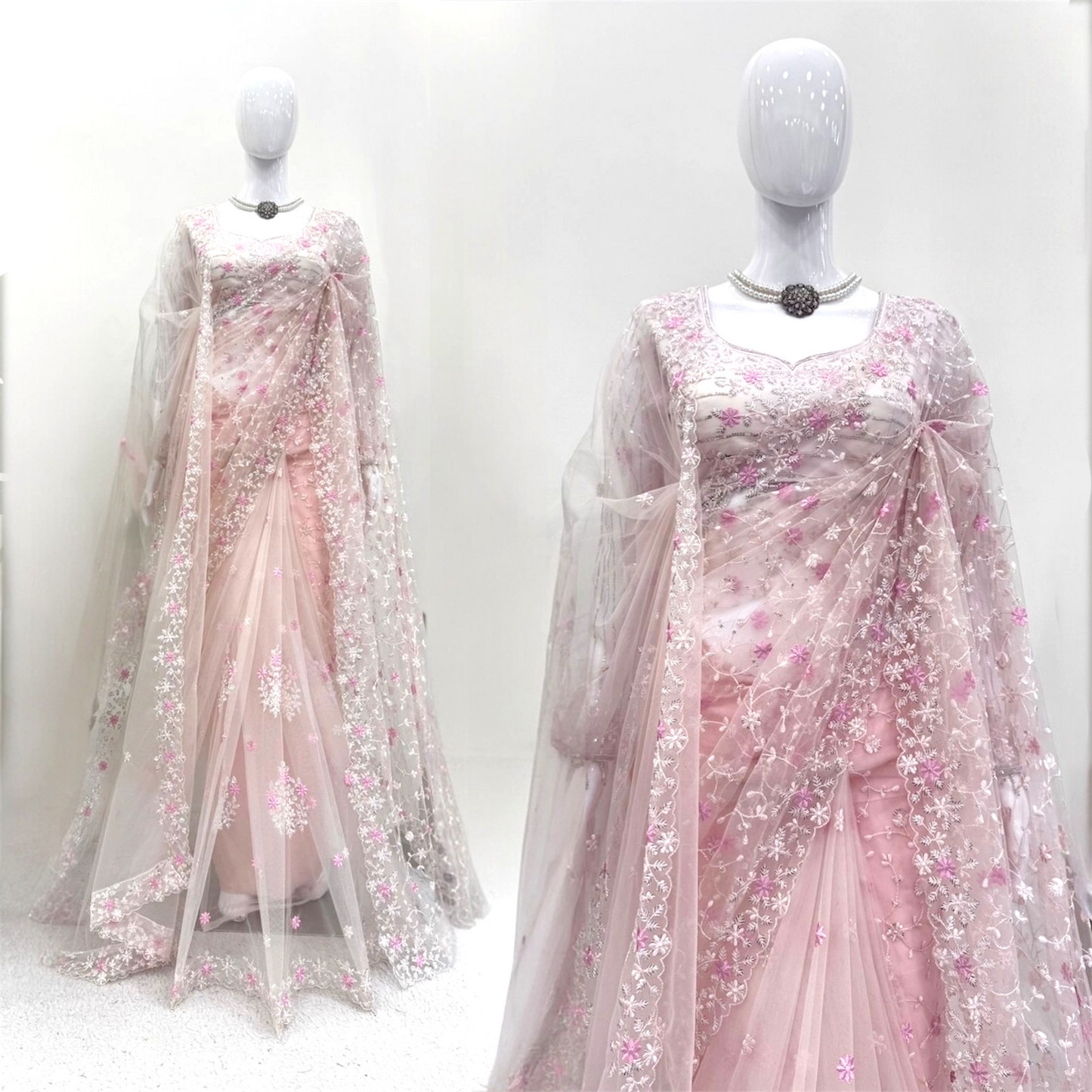 Soft net saree with blouse and dupatta set