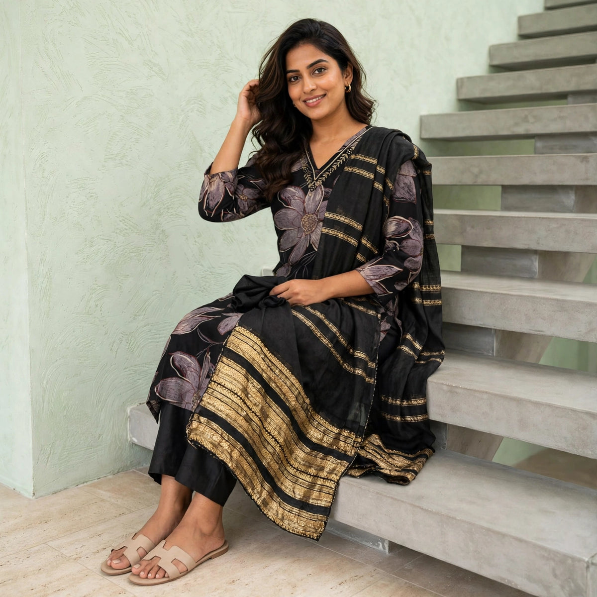 Lily-print noir straight kurta set