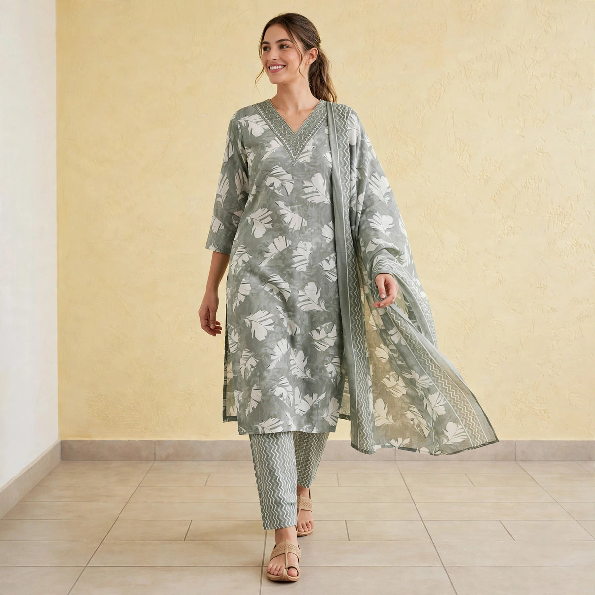 Botanical Print Straight Kurta Set