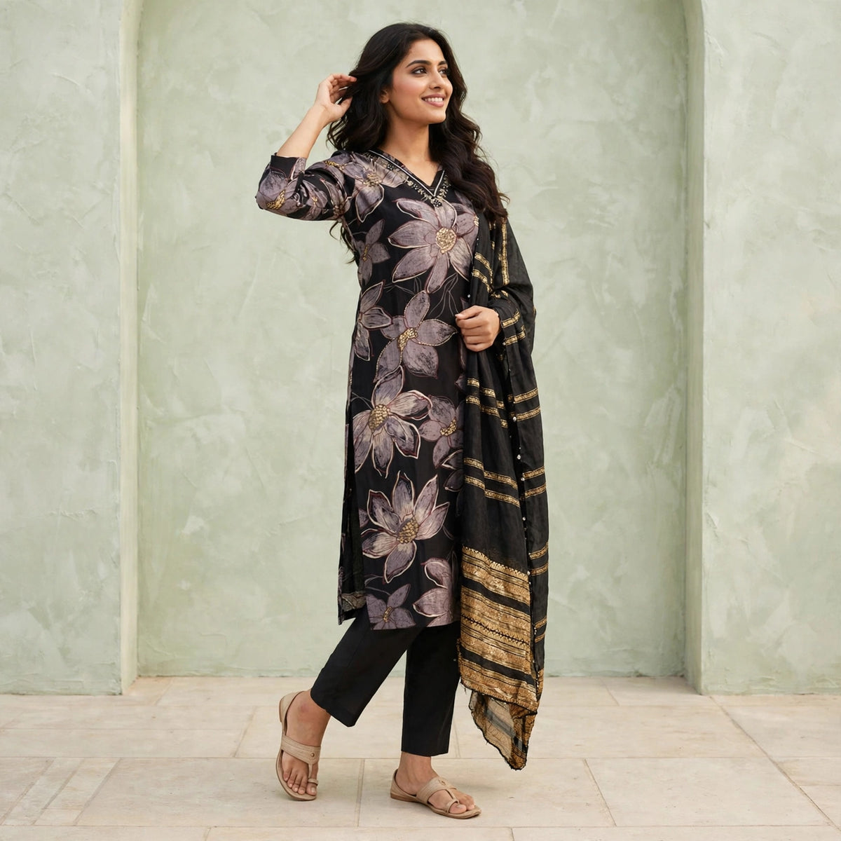 Lily-print noir straight kurta set