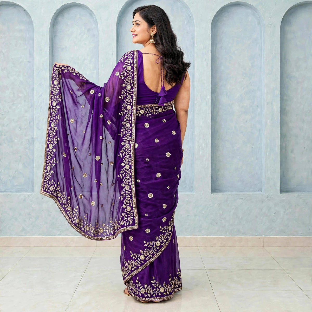 Sequins Embroidered Saree and sleeveless stitched blouse set