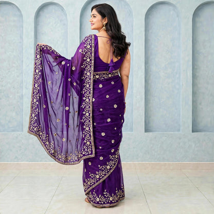 Sequins Embroidered Saree and sleeveless stitched blouse set