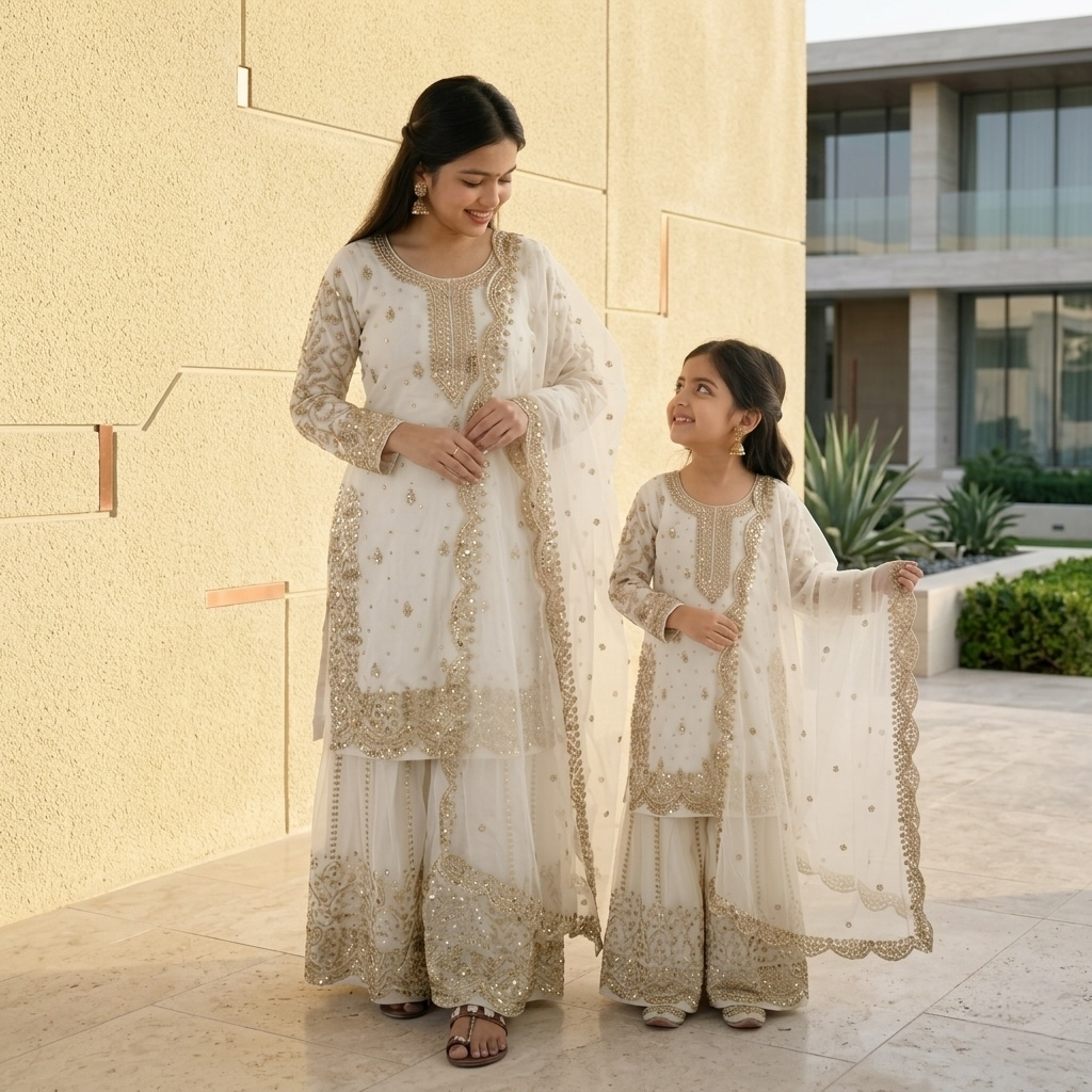 Heavy Embroidered Mother-Daughter Sharara Combo set