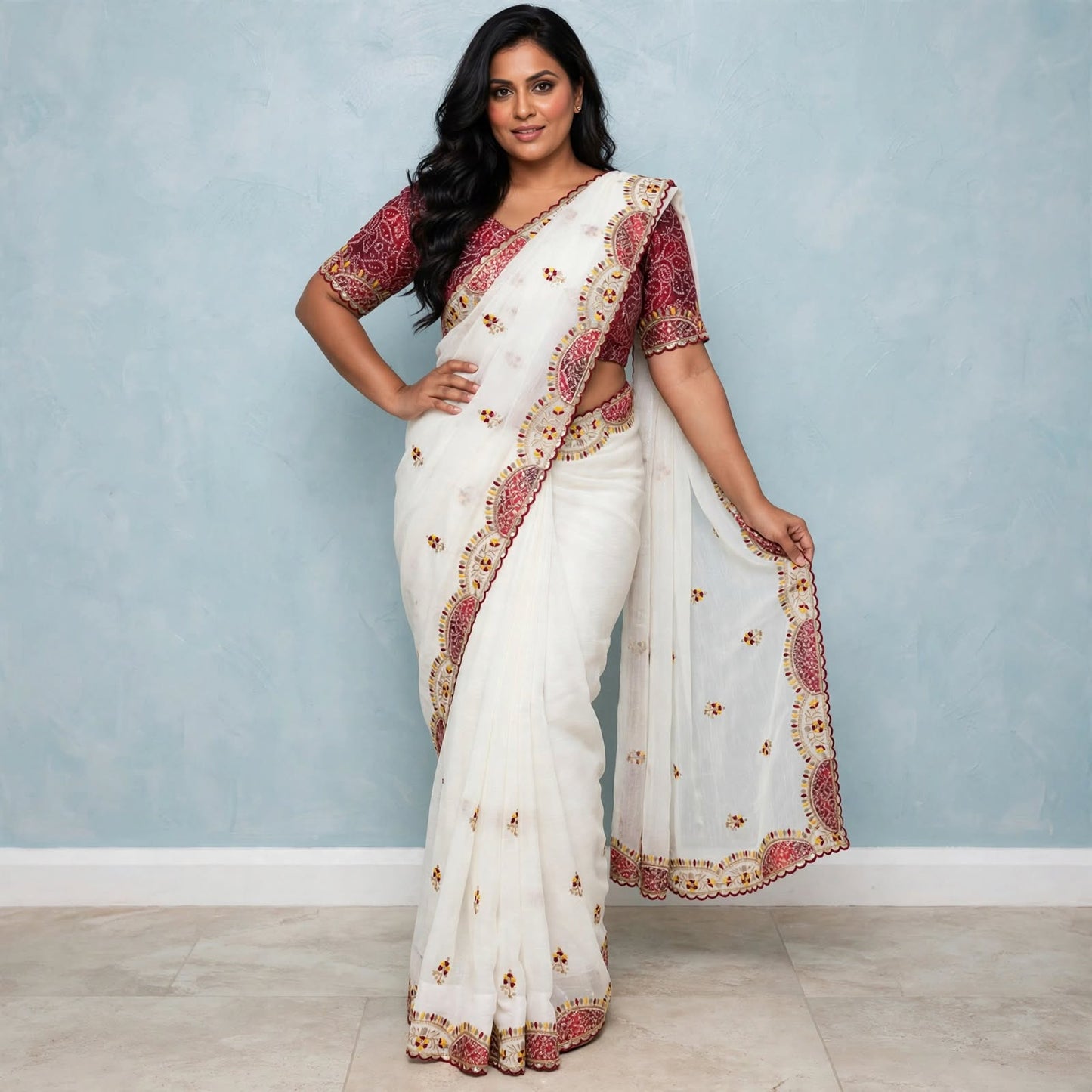 Sequins patchwork saree and Bandhani print blouse Set