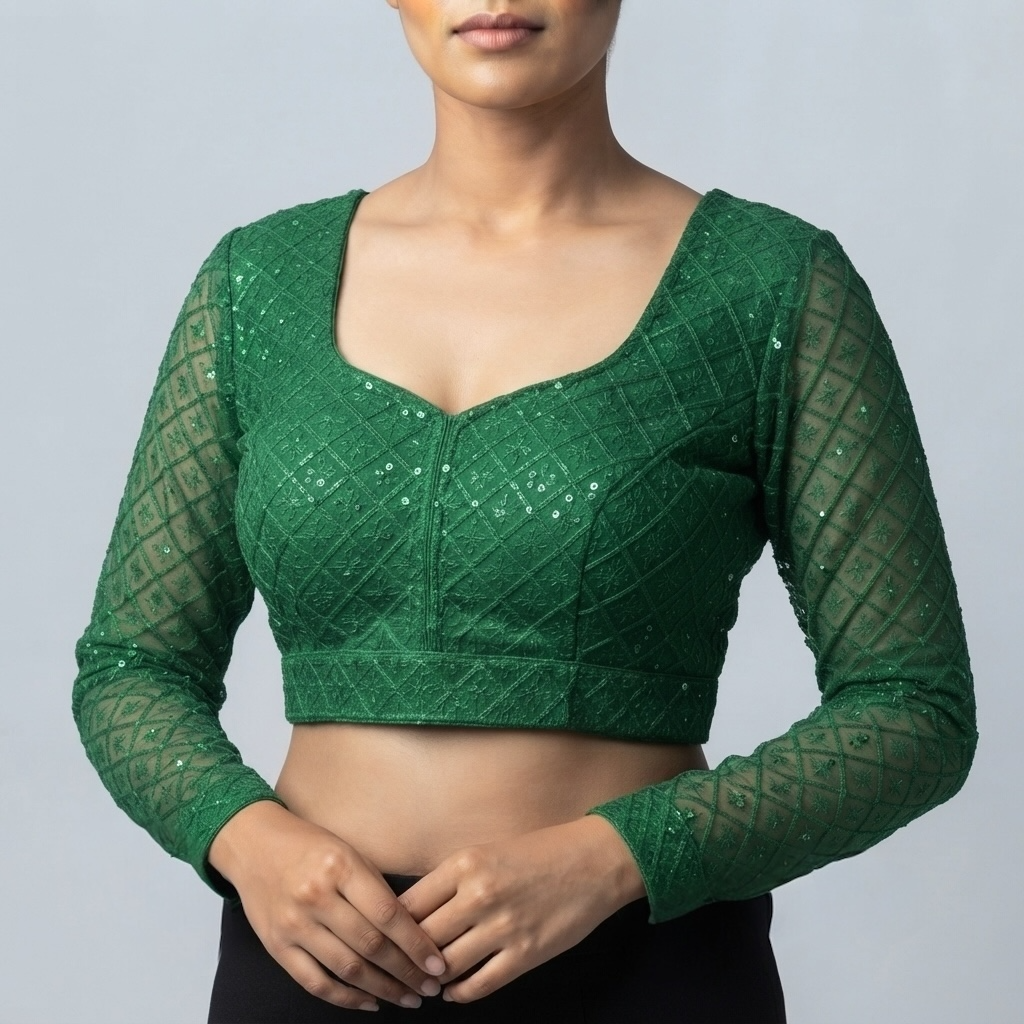 Up tack base sequin and embroidered net sleeve blouse