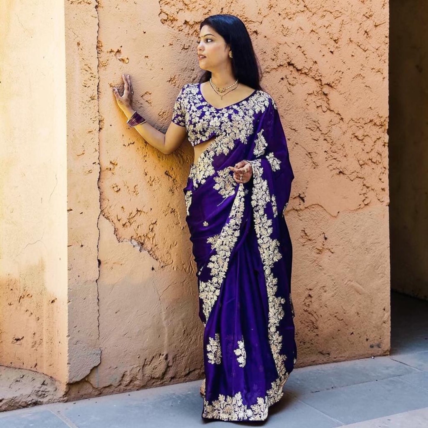 Silver embroidery and sequin work saree set