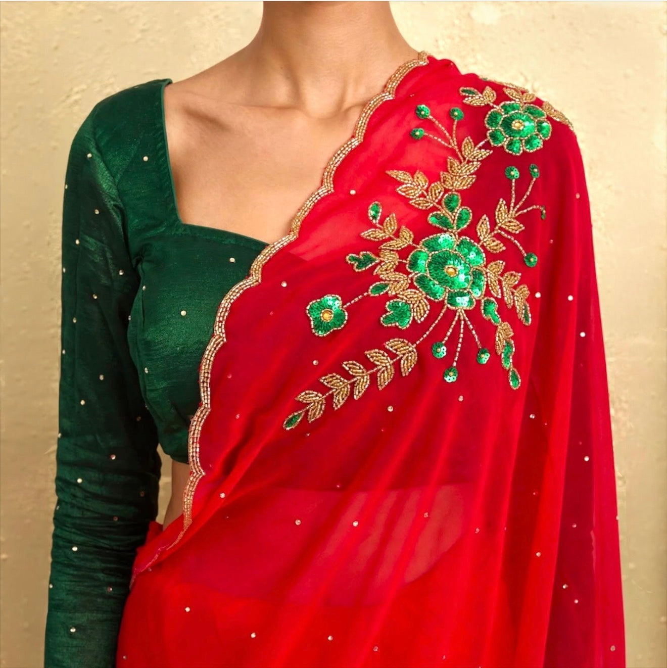 Manually stitched sequins floral saree and blouse set.