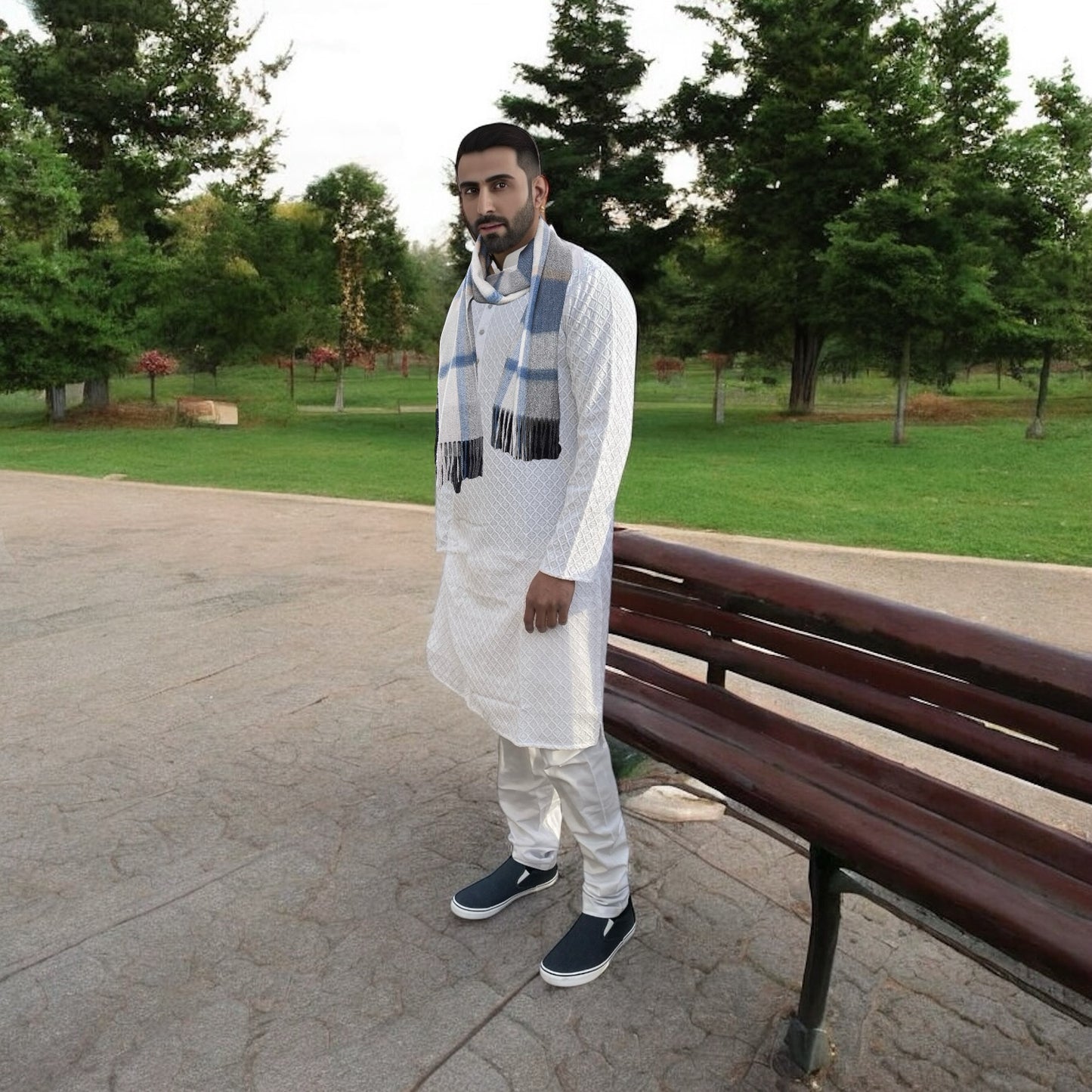 Men’s chikankari kurta set. No scarf included.