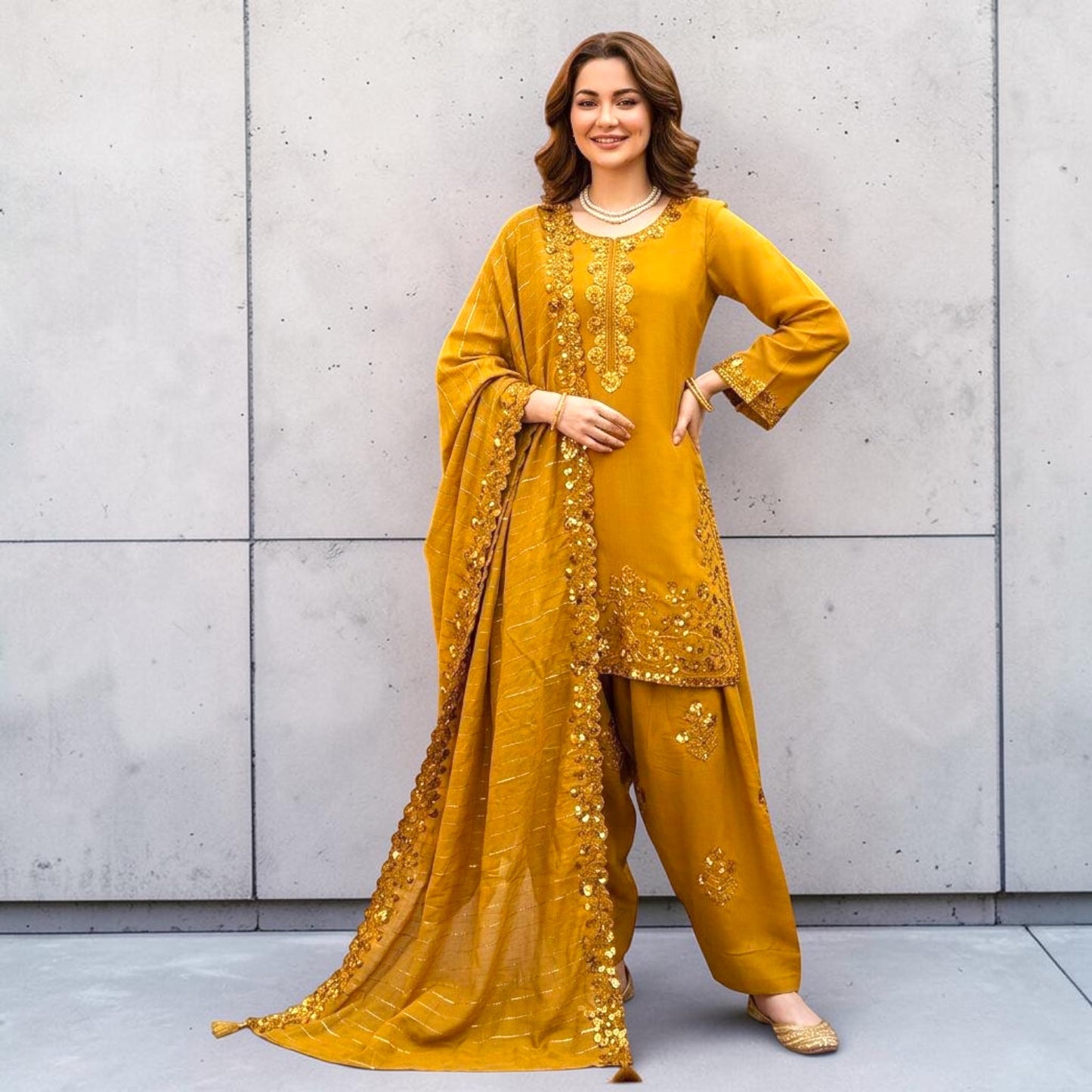 Embroidered Suit Set with Farshi Plazo & Jacquard Dupatta