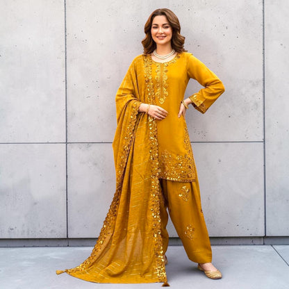 Embroidered Suit Set with Farshi Plazo & Jacquard Dupatta