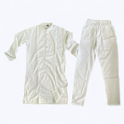 Men’s chikankari kurta set. No scarf included.