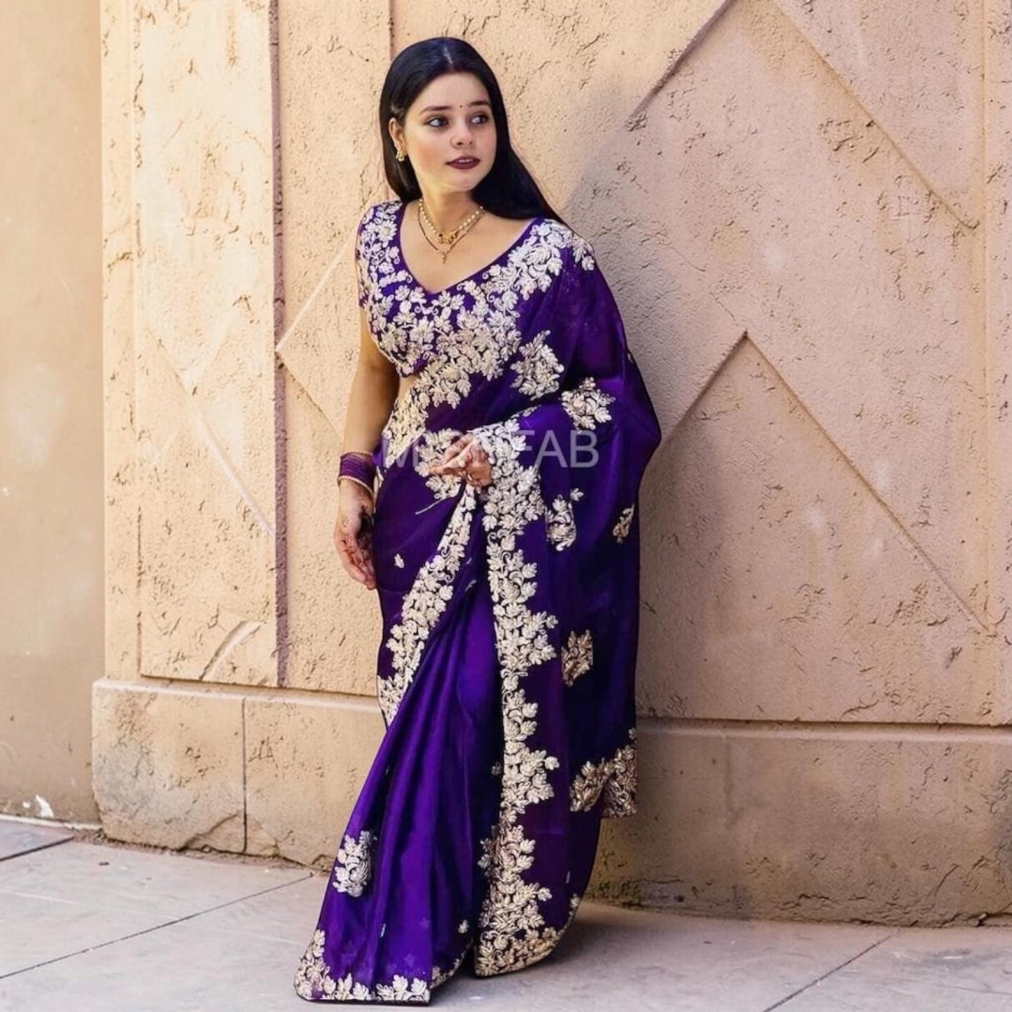 Silver embroidery and sequin work saree set