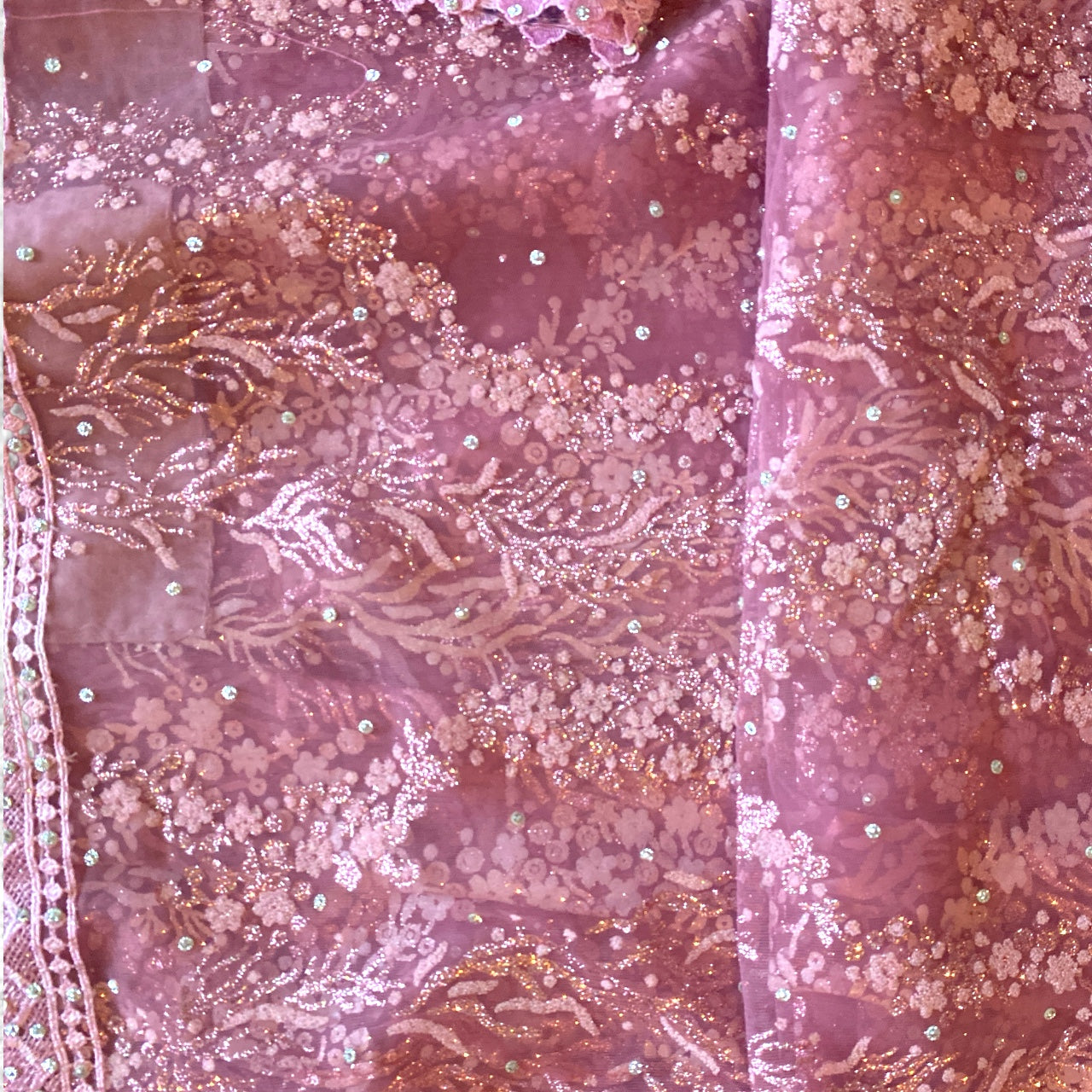 Net saree and blouse set with glitter and thread work