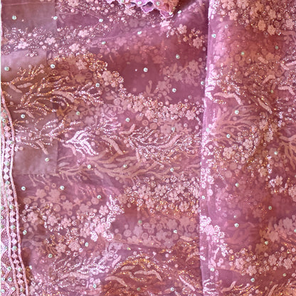 Net saree and blouse set with glitter and thread work