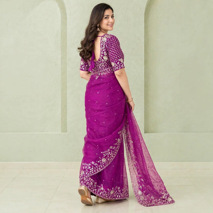 Pre-pleated Sequence and thread work saree and blouse set