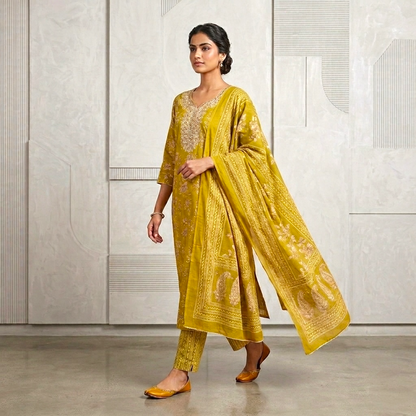 Floral Print Mirror Work Straight Kurta Set
