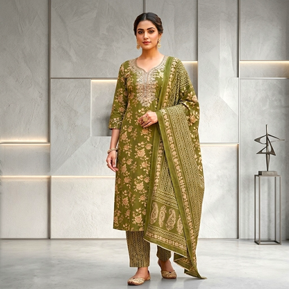 Floral Print Mirror Work Straight Kurta Set