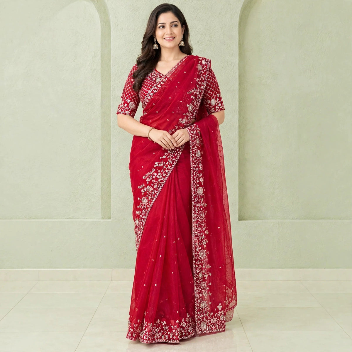 Pre-pleated Sequence and thread work saree and blouse set