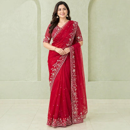 Pre-pleated Sequence and thread work saree and blouse set