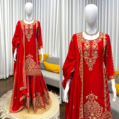 Embroidered Sharara Set with Lace Border Dupatta