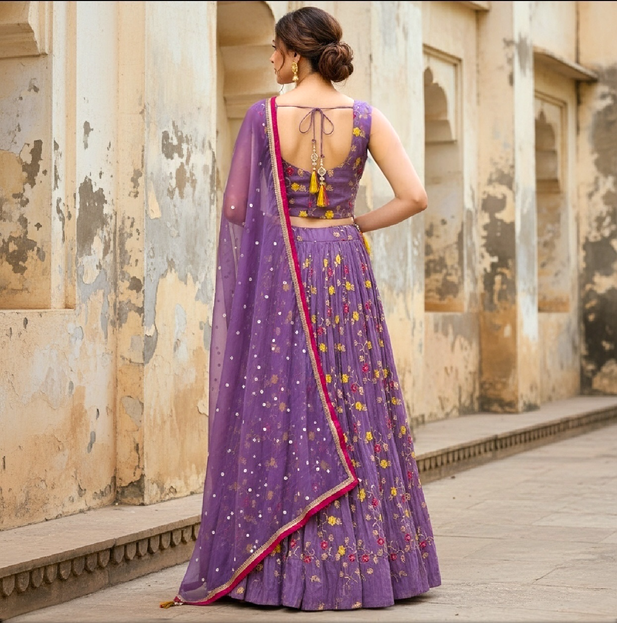 Zari and crystal-embroidered lehenga choli set
