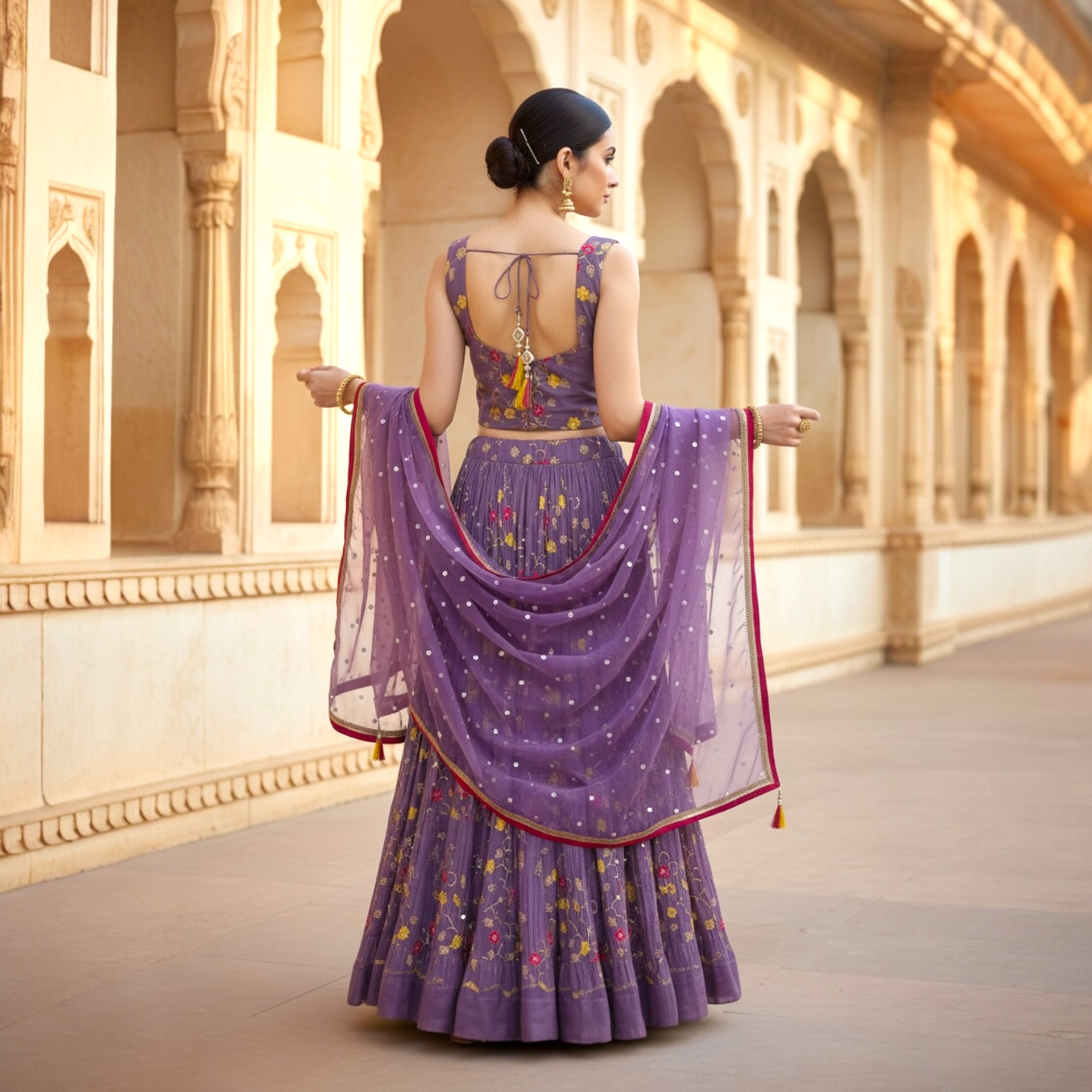 Zari and crystal-embroidered lehenga choli set