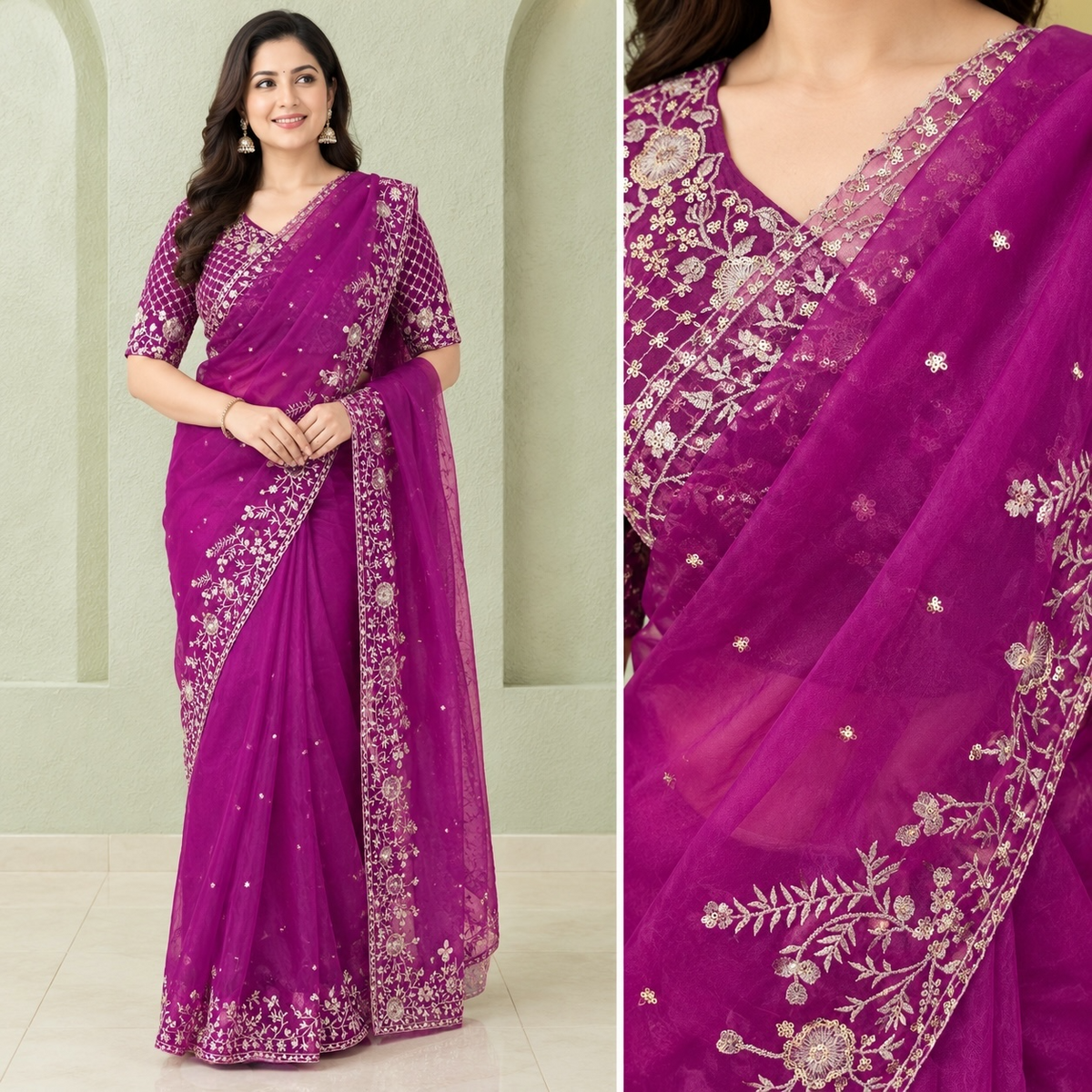 Pre-pleated Sequence and thread work saree and blouse set