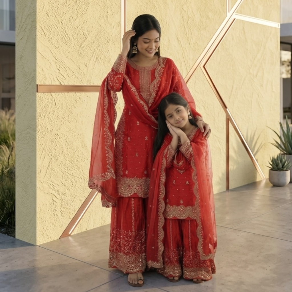 Heavy Embroidered Mother-Daughter Sharara Combo set