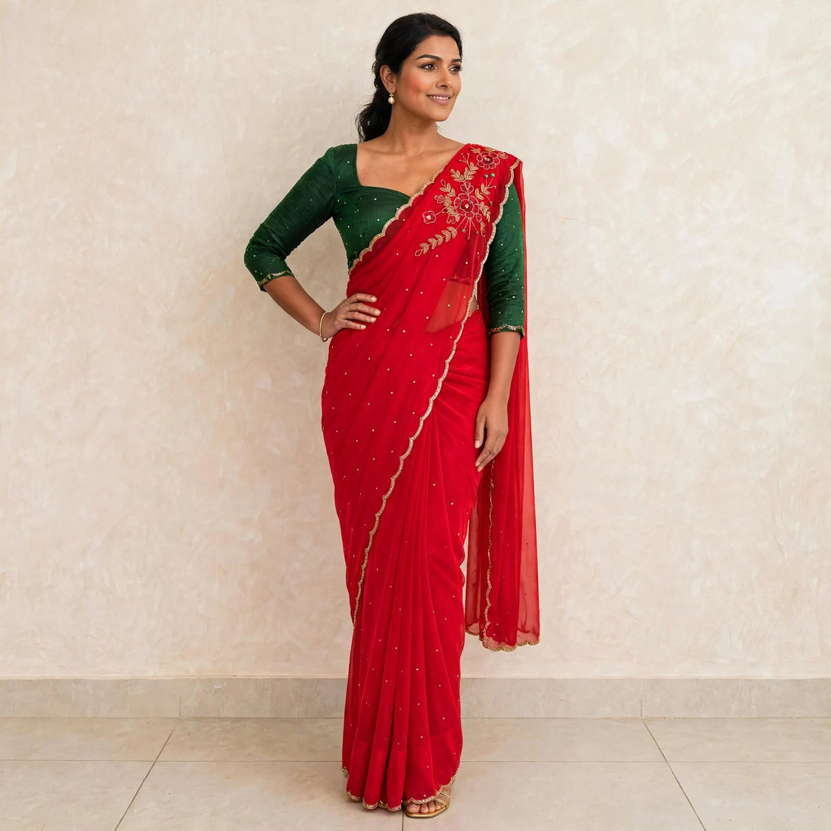 Manually stitched sequins floral saree and blouse set.