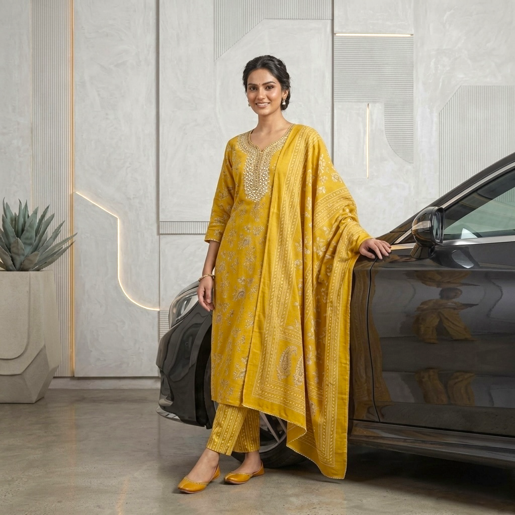 Floral Print Mirror Work Straight Kurta Set