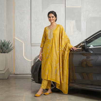 Floral Print Mirror Work Straight Kurta Set