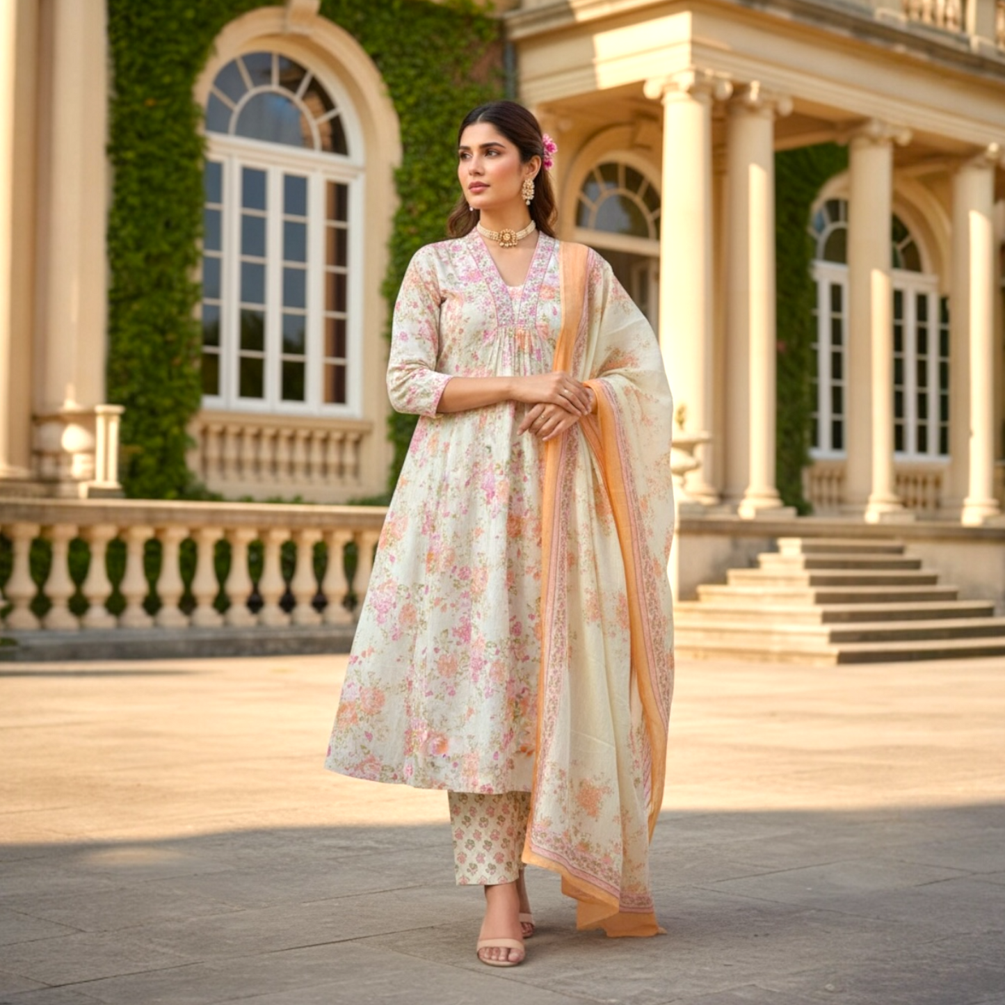 Floral print anarkali suit set