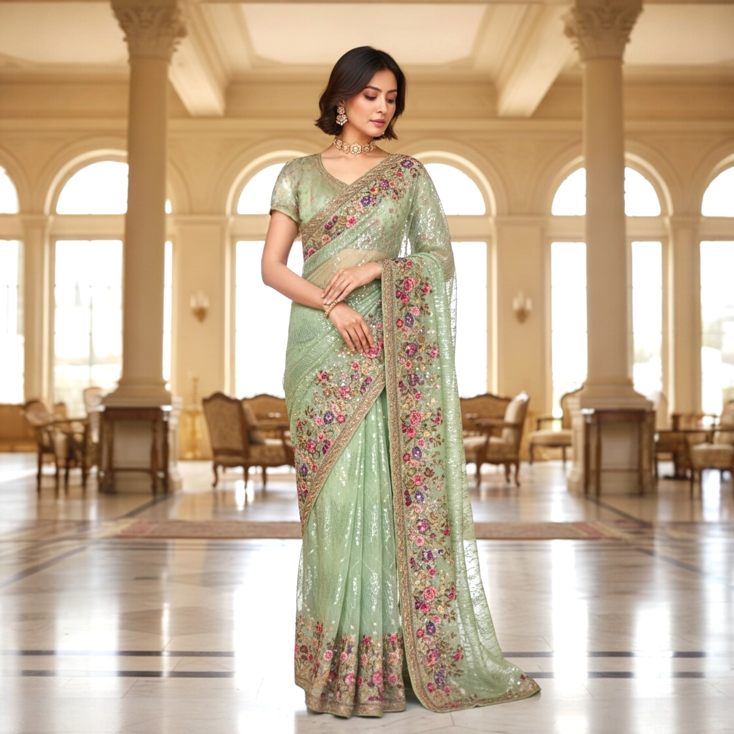 Sequins boutique saree and blouse set.