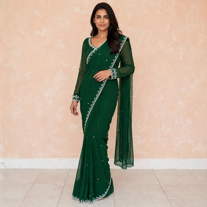 manually stitched pre-pleated saree and blouse sets